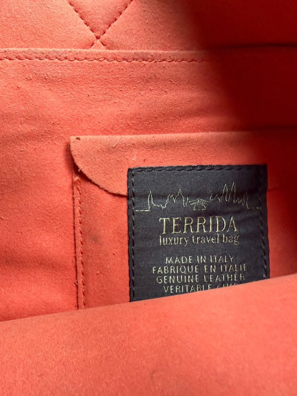 TERRIDA Luxury Travel Bag  - Leather Laptop Tote with Orange Trim - Picture 2 of 5